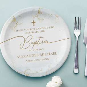 Plato De Papel Moderno Gracias Blue Gold Cross Boy Baptism