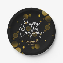 Plato De Papel Moderno Gradiente Gold Bokeh Black Happy Birday