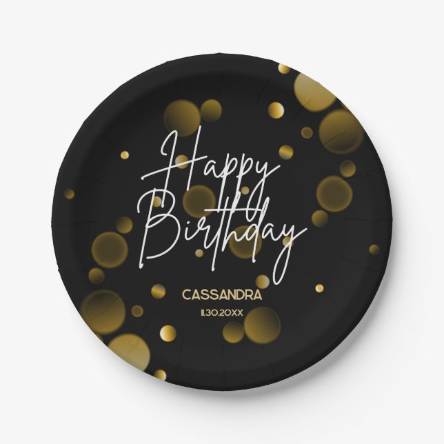 Plato De Papel Moderno Gradiente Gold Bokeh Black Happy Birday (Anverso)