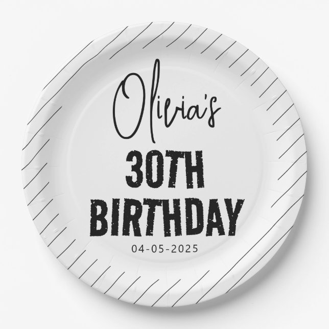Plato De Papel Moderno guión negro 30 cumpleaños Moda y Minimalis (Anverso)