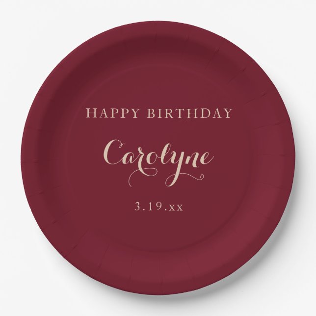 Plato De Papel Moderno Minimalista Cumpleaños Granate (Anverso)