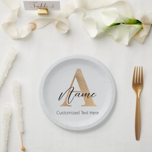 Plato De Papel Moderno Monogramado Inicial A & Name Personalizado (Boda)