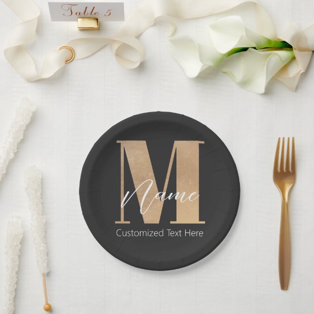 Plato De Papel Moderno Monogramado Primer M & Nombre Personalizad (Boda)