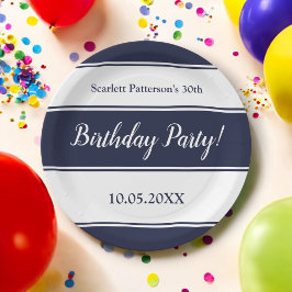 Plato De Papel Moderno Navy Blue White Stripes Elegante Cumpleaño