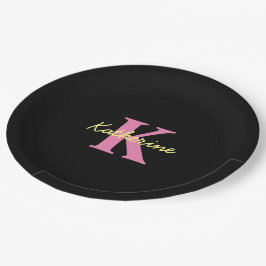 Plato De Papel Moderno negro monogramado personalizado
