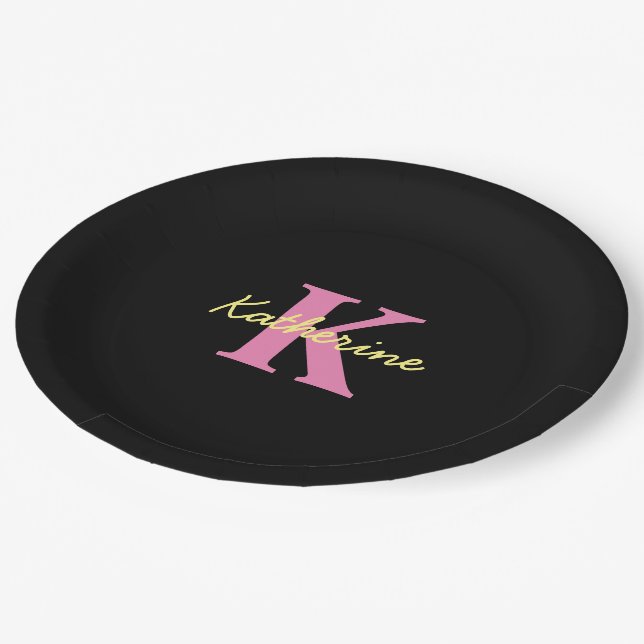 Plato De Papel Moderno negro monogramado personalizado (Angular)