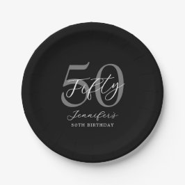Plato De Papel Moderno negro y blanco elegante 50 cumpleaños