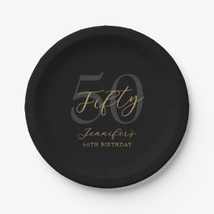 Plato De Papel Moderno negro y dorado elegante 50 cumpleaños