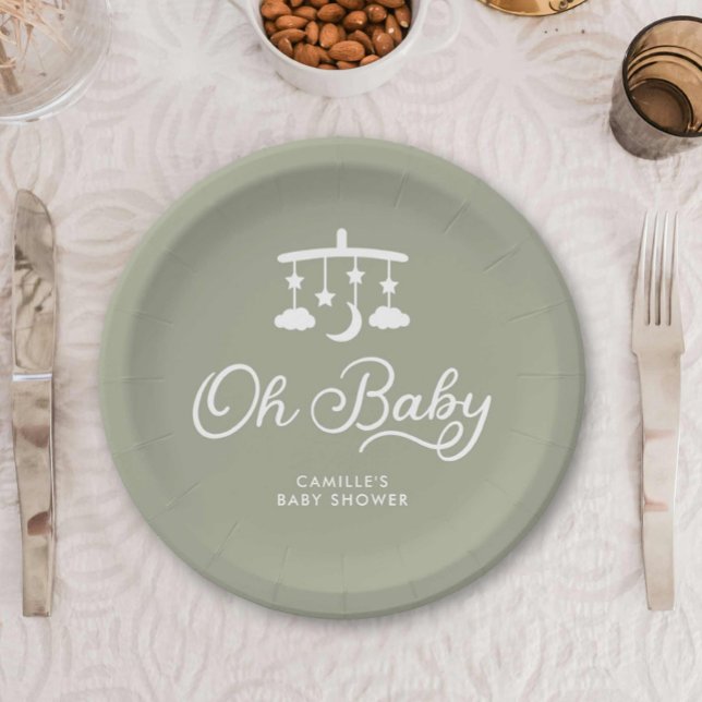 Plato De Papel Moderno Oh Baby Shower Personalizado (Sage Green Oh baby shower paper plates)