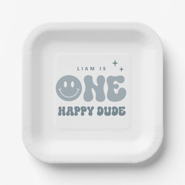 Plato De Papel Moderno ONE Happy Dude Birthday Party Plates (Anverso)