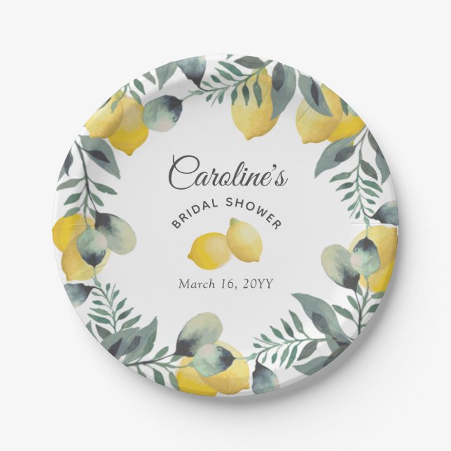 Plato De Papel Moderno país Lemons Boho Greenery Bridal Shower (Anverso)