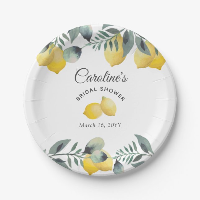 Plato De Papel Moderno país Lemons Boho Greenery Bridal Shower (Anverso)