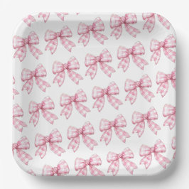 Plato De Papel Moderno patrón de Gingham Bow rosado Baby Shower