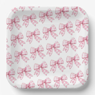 Plato De Papel Moderno patrón de Gingham Bow rosado Baby Shower