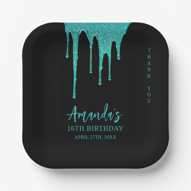 Plato De Papel Moderno Purpurina Verde azulado gotea dulce 16 cum (Anverso)