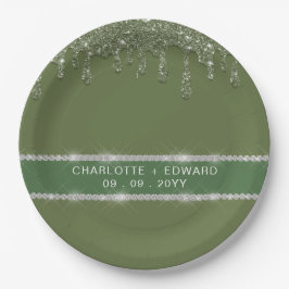 Plato De Papel Moderno Purpurina verde sabio goteo resplandecient