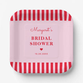 Plato De Papel Moderno Retro Rosa & Red Stripes Bridal Shower