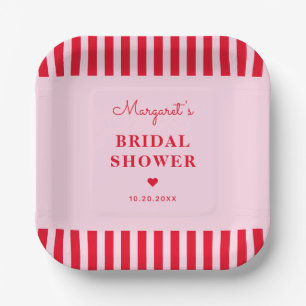 Plato De Papel Moderno Retro Rosa & Red Stripes Bridal Shower