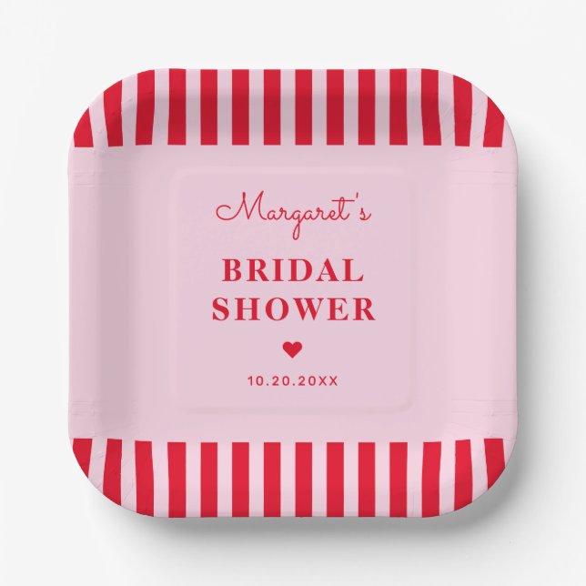 Plato De Papel Moderno Retro Rosa & Red Stripes Bridal Shower (Anverso)