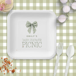 Plato De Papel Moderno Sage Gingham Bow Nombre Baby Shower Picnic
