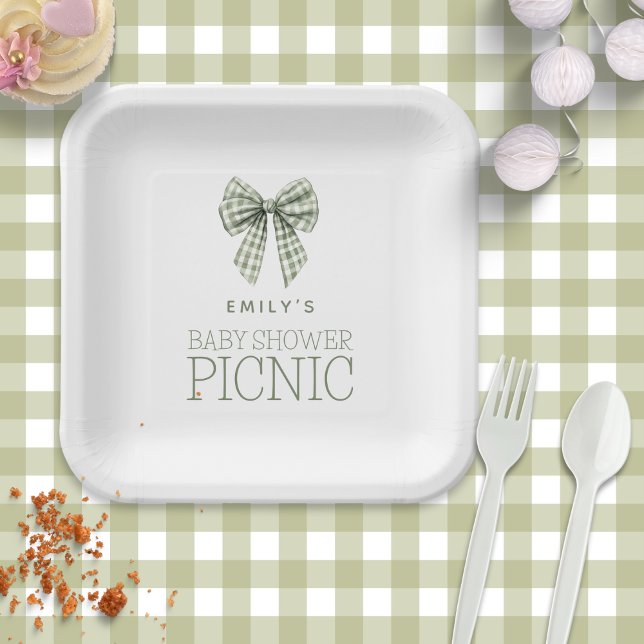 Plato De Papel Moderno Sage Gingham Bow Nombre Baby Shower Picnic (Subido por el creador)