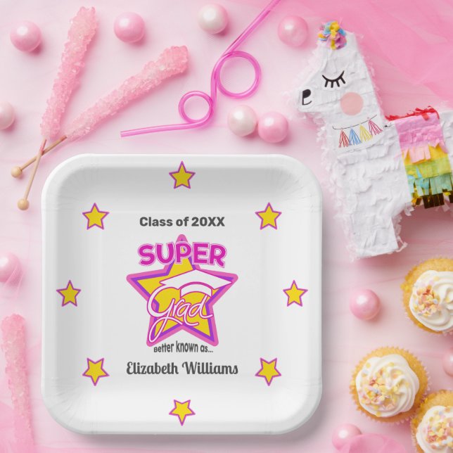 Plato De Papel Moderno Super Grad Rosa-Personaliza Nombre y Año (Fiesta)