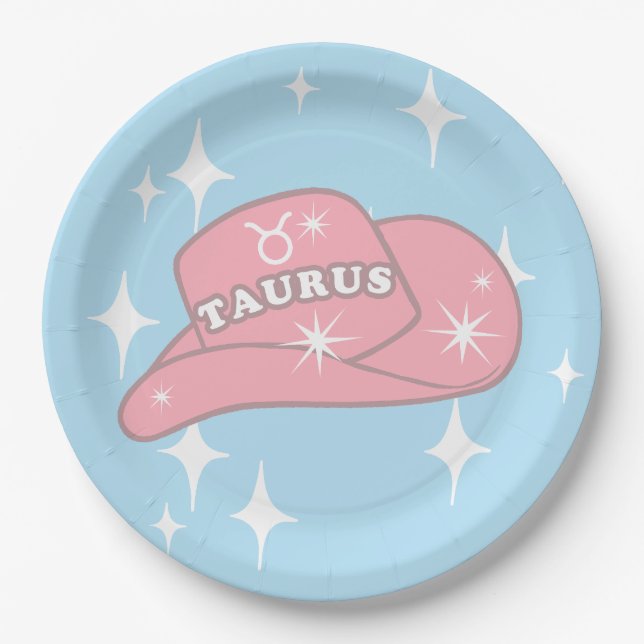 Plato De Papel Moderno Taurus Zodiac Cowgirl Gorra Fiesta azul (Anverso)