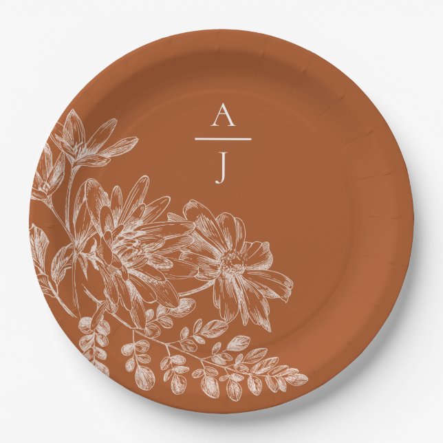 Plato De Papel Moderno Terra Cotta Monograma Floral (Anverso)