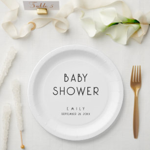 Plato De Papel Moderno texto simple Baby Shower en blanco y negro