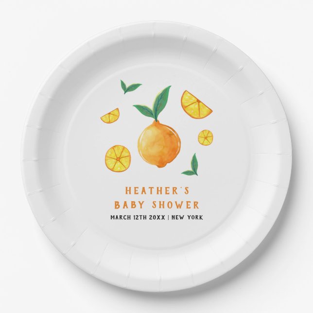 Plato De Papel Moderno Watercor Citrus Naranja Baby Shower (Anverso)
