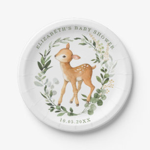 Plato De Papel Moderno Woodland Baby Deer Watercolor Greenery Gol