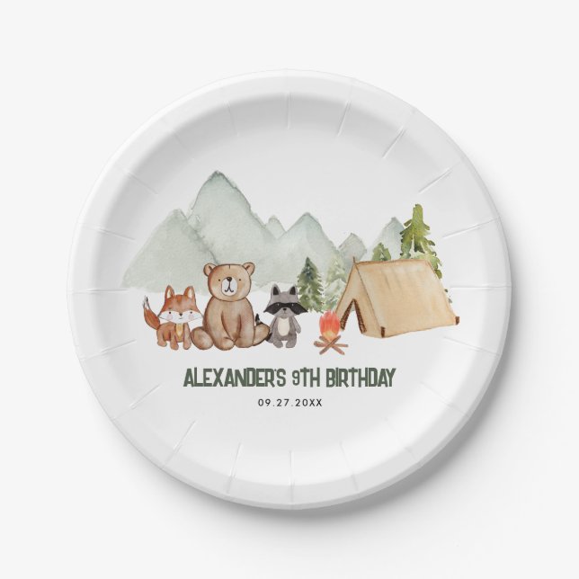 Plato De Papel Moderno Woodland Feliz Camper Camping Niños Cumple (Anverso)