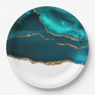 Plato De Papel Moderno y elegante Agate Verde azulado y de oro so