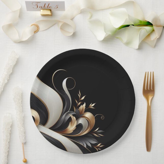 Plato De Papel Moderno y elegante negro y oro (Boda)