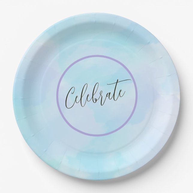 Plato De Papel Moderno Y Luminoso Aqua Blue Elegant Script Celebr (Anverso)