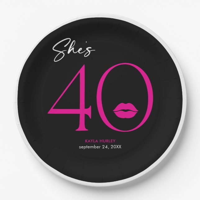 Plato De Papel Moderno y minimal Lips rosadas ella cumple 40 años (Anverso)