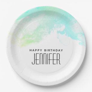 Plato De Papel Modernos Abstractos Aguas Verdes y Azules Swirls