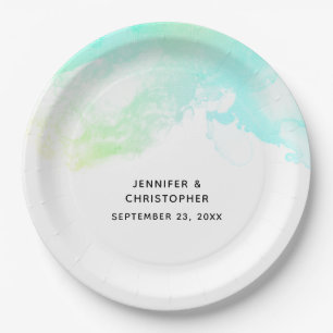 Plato De Papel Modernos Abstractos Aguas Verdes y Azules Swirls