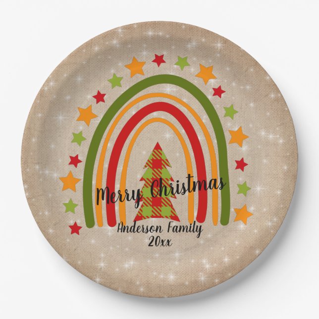 Plato De Papel Modernos Navidades arcoiris Tartán Tree 20xx Texto (Anverso)