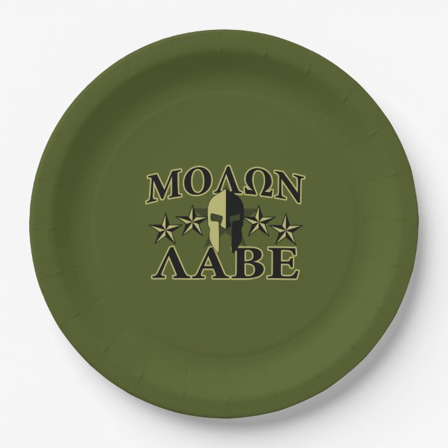 Plato De Papel Molon Labe Spartan 5 estrellas Olive Green (Anverso)
