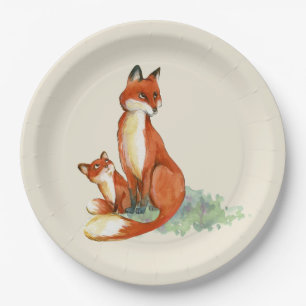 Plato De Papel Momma Fox y Baby Watercolor Ilustracion
