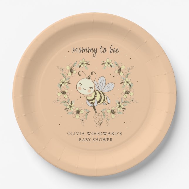 Plato De Papel Mommy To Bee Baby Shower Peach  (Anverso)