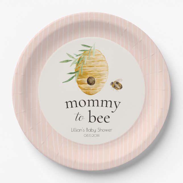Plato De Papel Mommy To Bee Striped Blush Pink Girl Baby Shower  (Anverso)