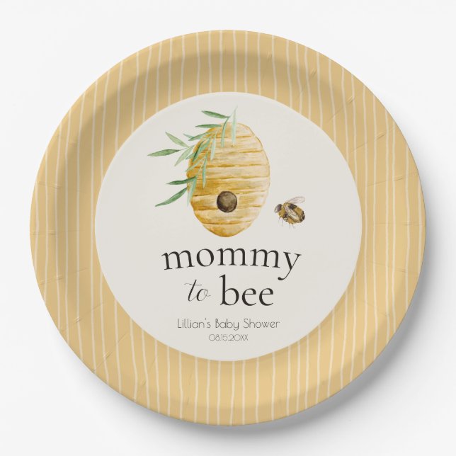 Plato De Papel Mommy To Bee Striped Yellow Honey Bee Baby Shower  (Anverso)