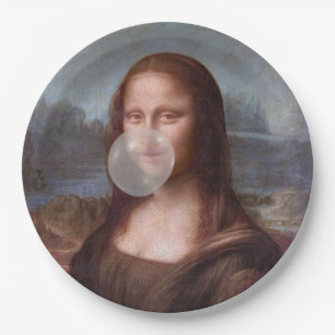 Plato De Papel Mona Lisa soplando chicle de burbuja gris
