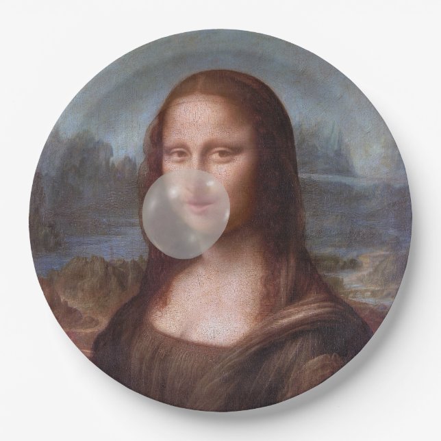 Plato De Papel Mona Lisa soplando chicle de burbuja gris (Anverso)