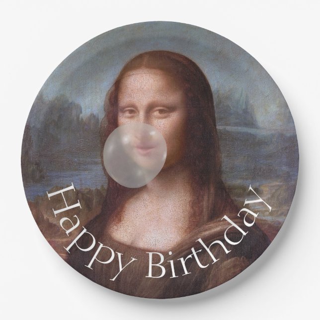 Plato De Papel Mona Lisa soplando chicle Feliz cumpleaños (Anverso)