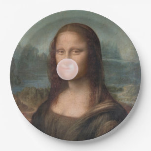 Plato De Papel Mona Lisa soplando chicle rosa