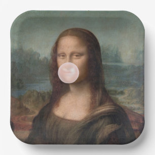 Plato De Papel Mona Lisa soplando chicle rosa