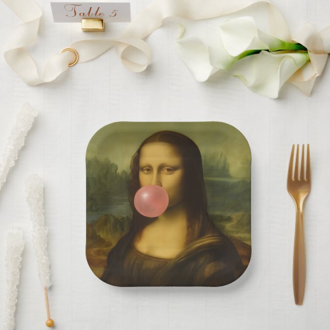 Plato De Papel Mona Lisa Soplando Goma Rosa (Boda)
